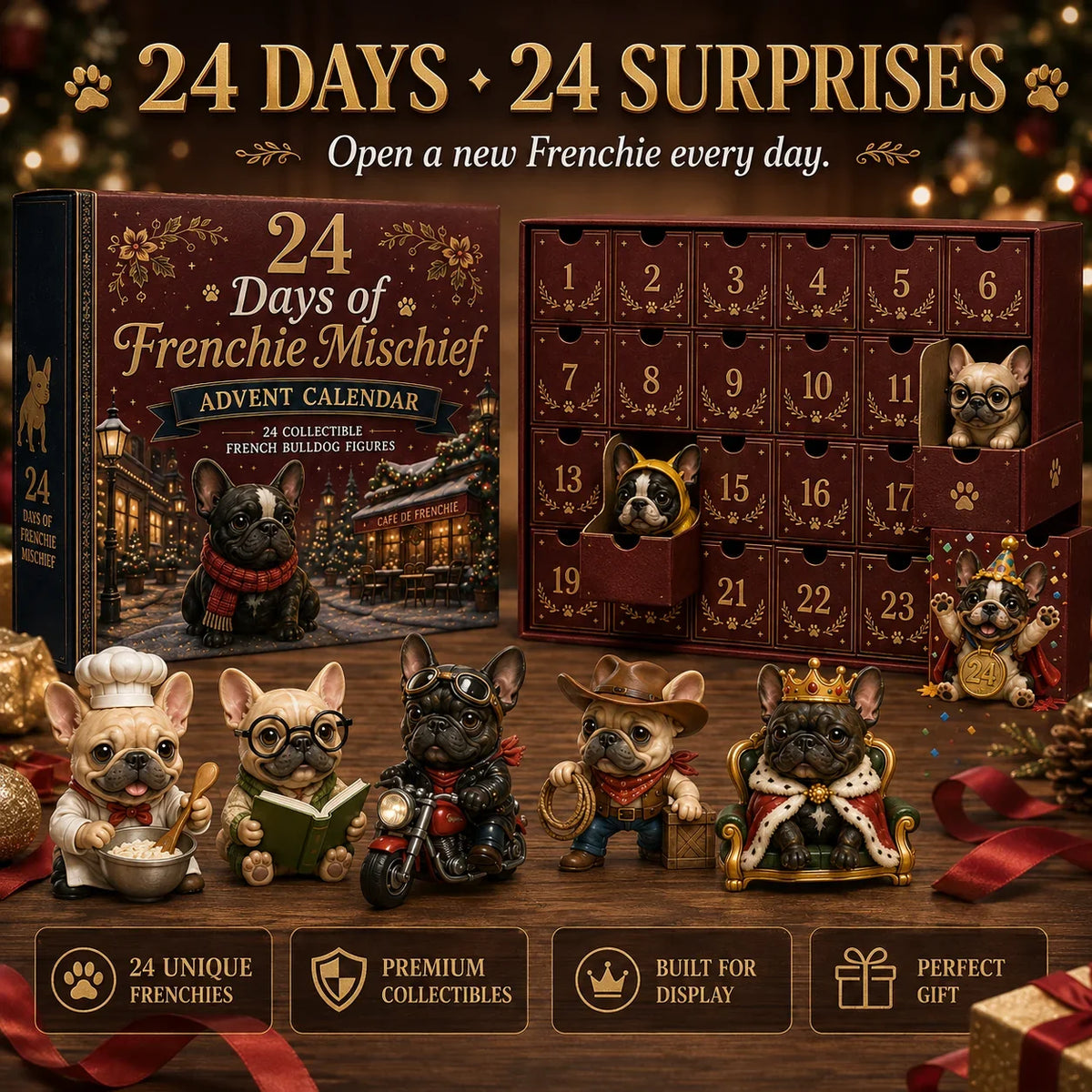 French Bulldog Advent Calendar side view with 5 Frenchie figurines display