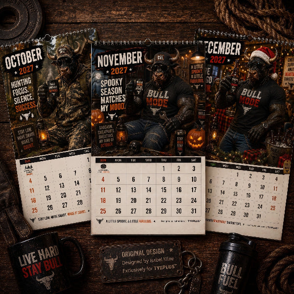 Bull Mode 2027 A4 Funny Men's Desk Calendar – 12 Rugged Bull Lifestyle Designs | TYIIPLUS