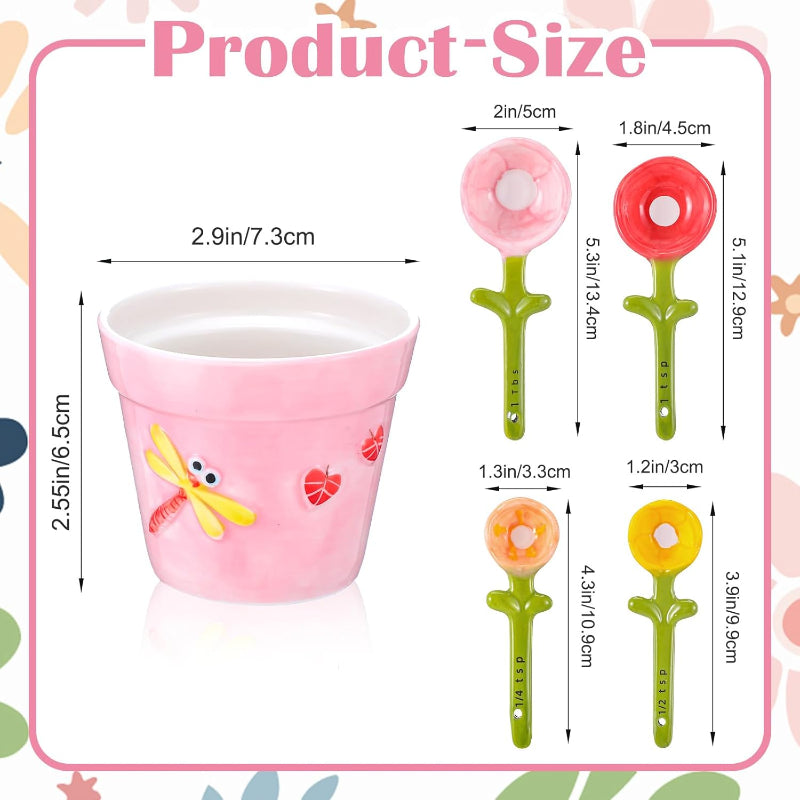 Cute Ceramic Flower Measuring Spoon Set with Pot Holder | 5-Piece Baking Measuring Spoons