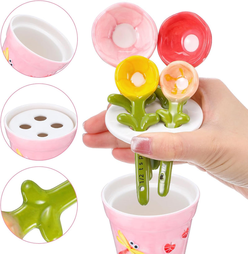 Cute Ceramic Flower Measuring Spoon Set with Pot Holder | 5-Piece Baking Measuring Spoons