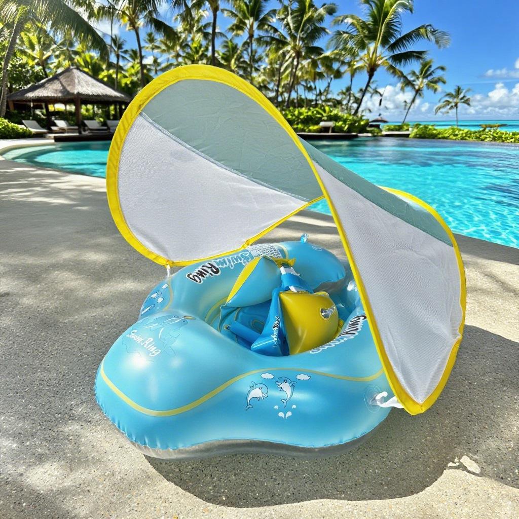 Baby Inflatable Swim Ring with Removable Sun Canopy – Safe Kiddie Pool Float with UV Protection & Support Seat for Toddlers