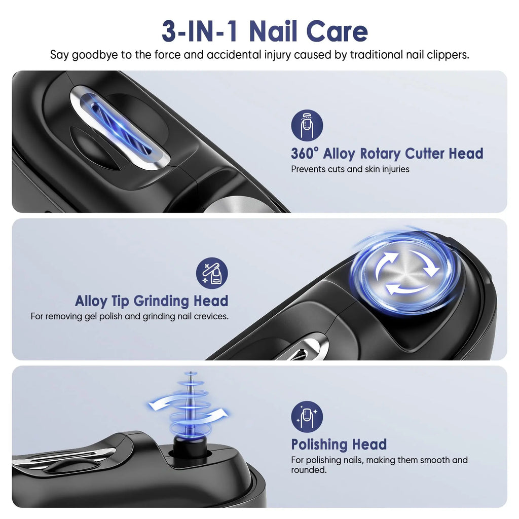 3-in-1 Electric Nail Clipper & Polisher – Automatic Nail Trimmer with LED Light, Safe Nail Grinder for Adults & Kids