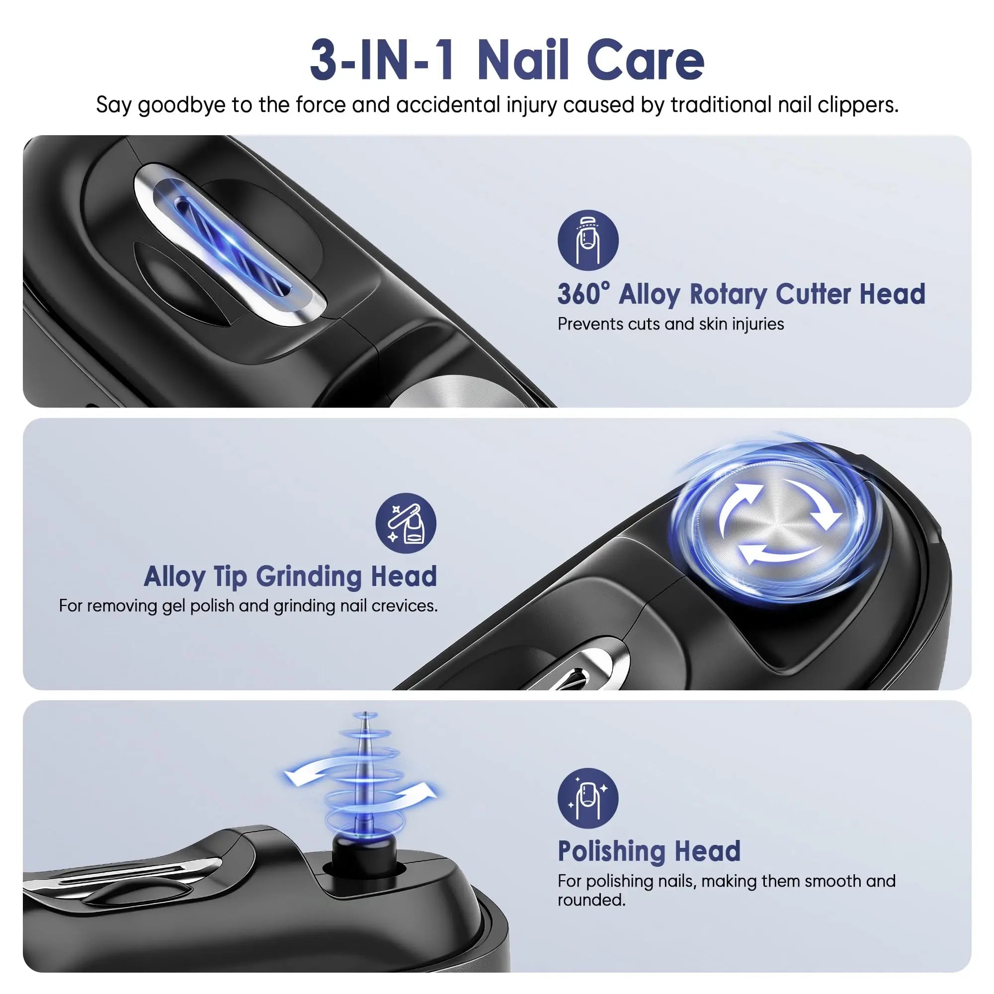 3-in-1 Electric Nail Clipper & Polisher – Automatic Nail Trimmer with LED Light, Safe Nail Grinder for Adults & Kids