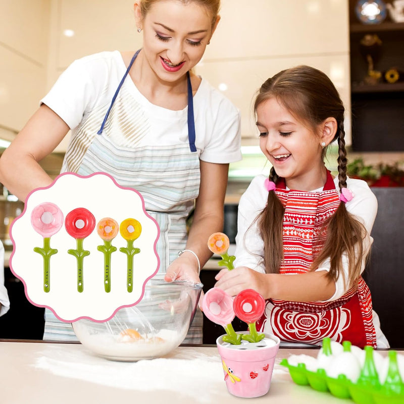 Cute Ceramic Flower Measuring Spoon Set with Pot Holder | 5-Piece Baking Measuring Spoons