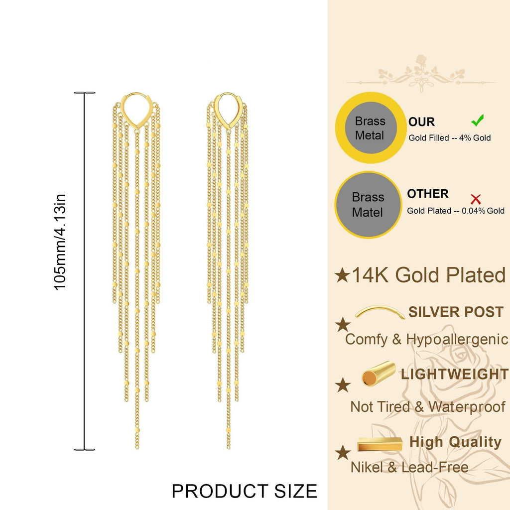 14K Gold Plated Long Tassel Threader Earrings for Women