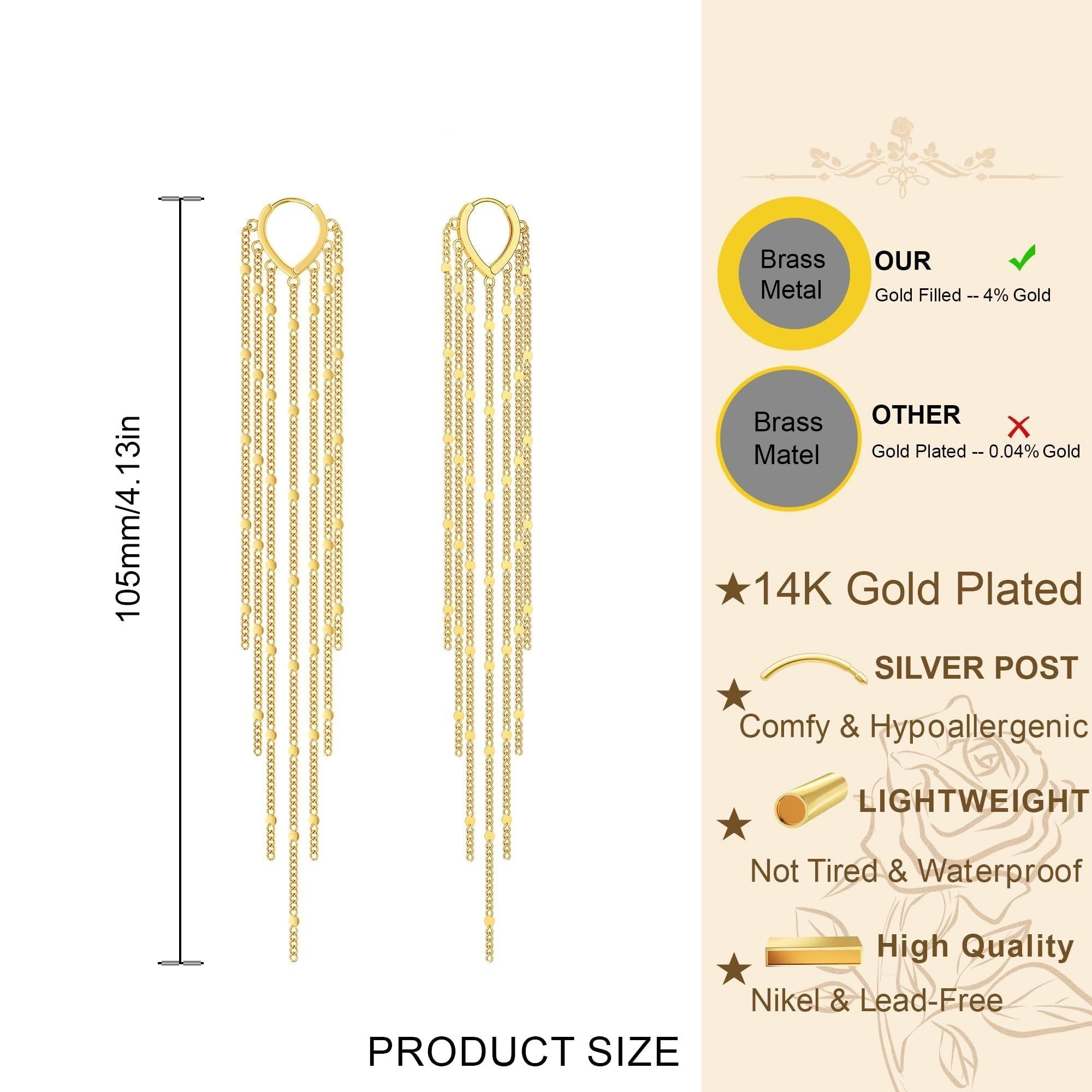 14K Gold Plated Long Tassel Threader Earrings for Women