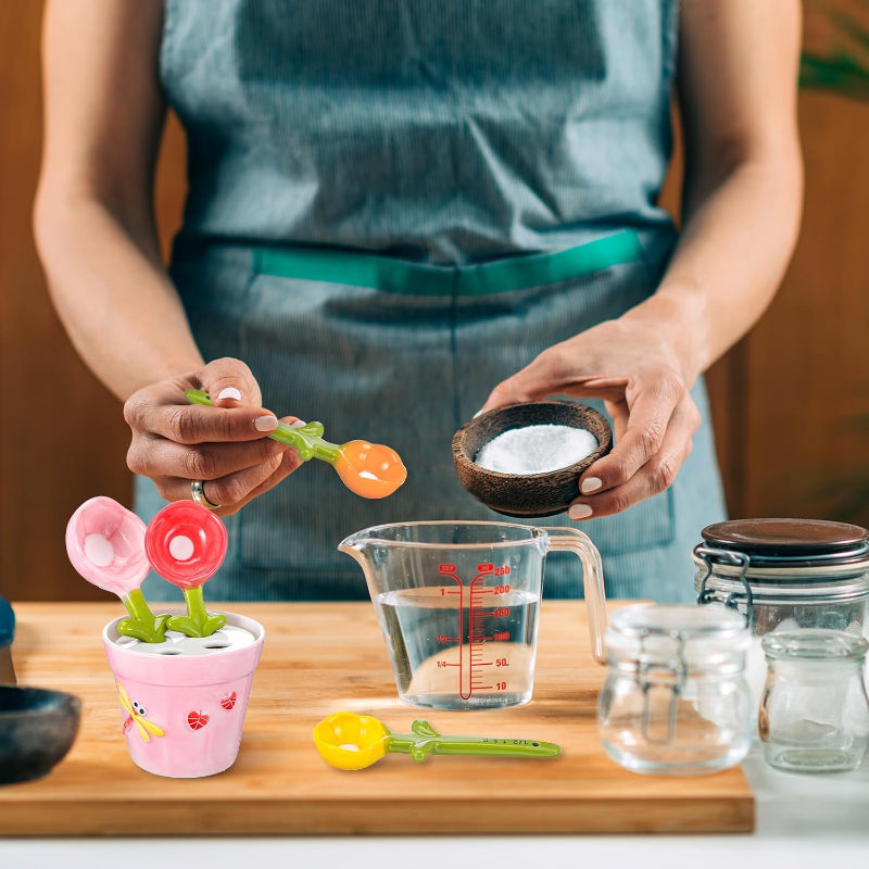 Cute Ceramic Flower Measuring Spoon Set with Pot Holder | 5-Piece Baking Measuring Spoons