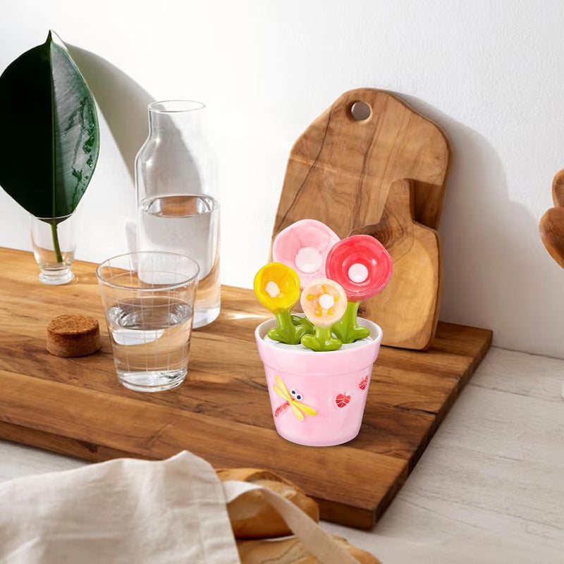 Cute Ceramic Flower Measuring Spoon Set with Pot Holder | 5-Piece Baking Measuring Spoons