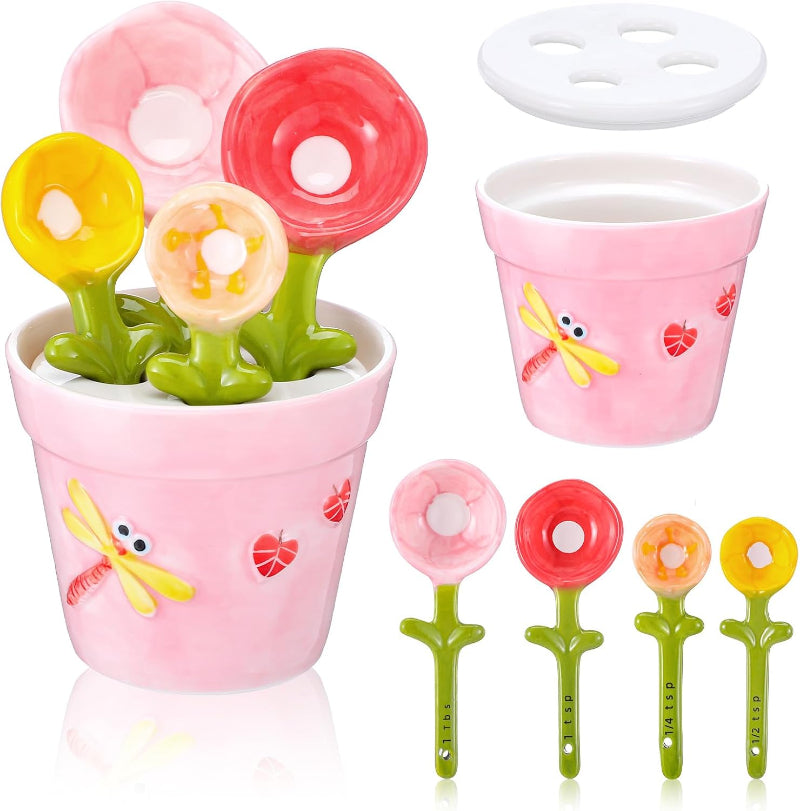 Cute Ceramic Flower Measuring Spoon Set with Pot Holder | 5-Piece Baking Measuring Spoons