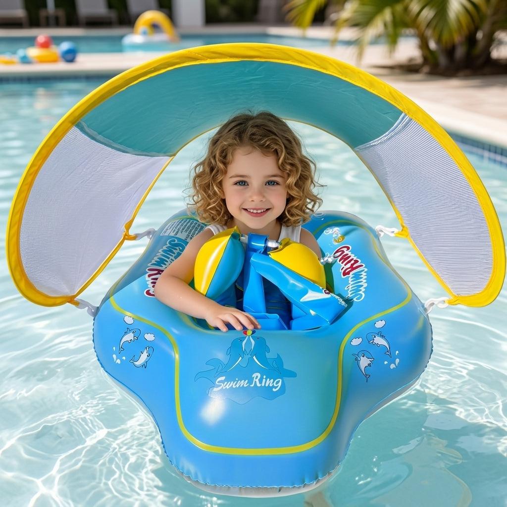 Baby Inflatable Swim Ring with Removable Sun Canopy – Safe Kiddie Pool Float with UV Protection & Support Seat for Toddlers