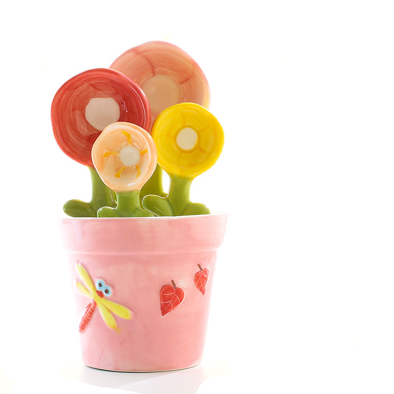 Cute Ceramic Flower Measuring Spoon Set with Pot Holder | 5-Piece Baking Measuring Spoons