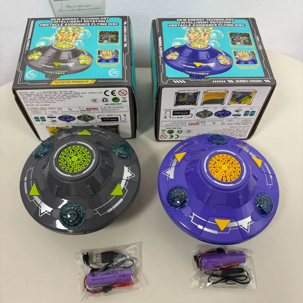 80ML Electric Flying Saucer Bubble Machine – Automatic Rotating Bubble Gun with LED Lights & Obstacle Avoidance for Outdoor Fun