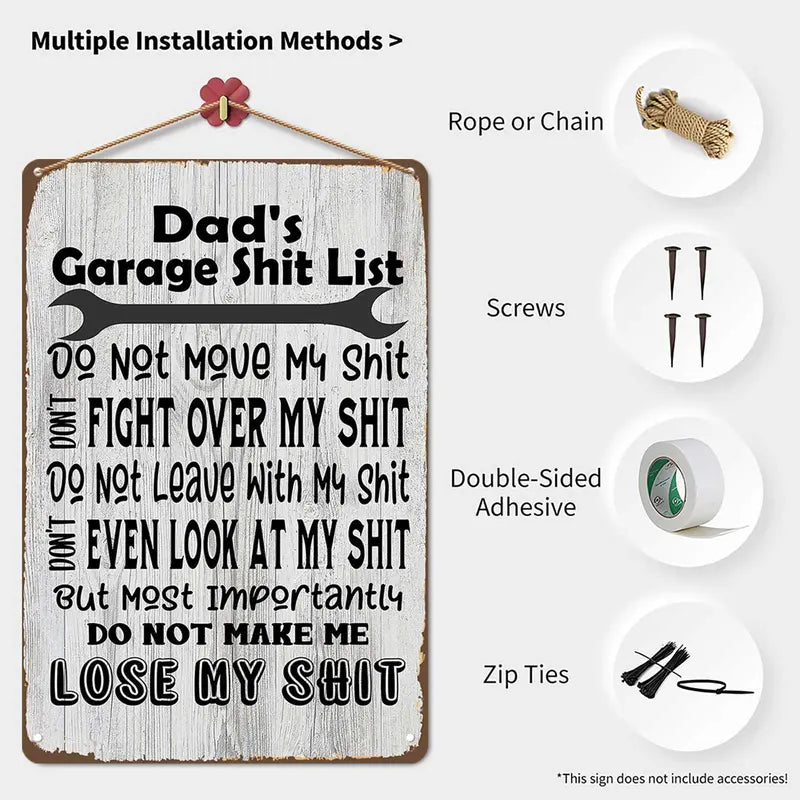 Dad’s Garage Sh*t List Metal Sign – Funny Garage Wall Decor for Dads & Mechanics