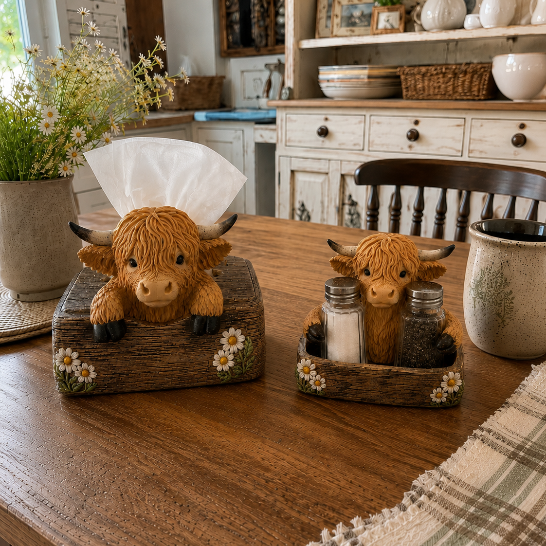 Adorable Highland Cow Farmhouse Collection – Salt & Pepper Holder or Tissue Box Cover