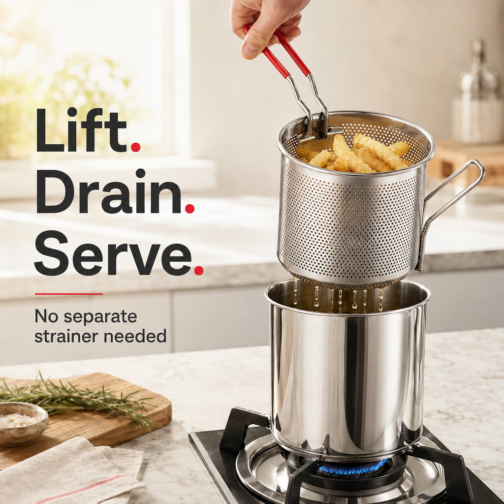2026 Personal Mini Deep Fryer Set – Stainless Steel Pot with Lift-Out Draining Basket & Food Tongs