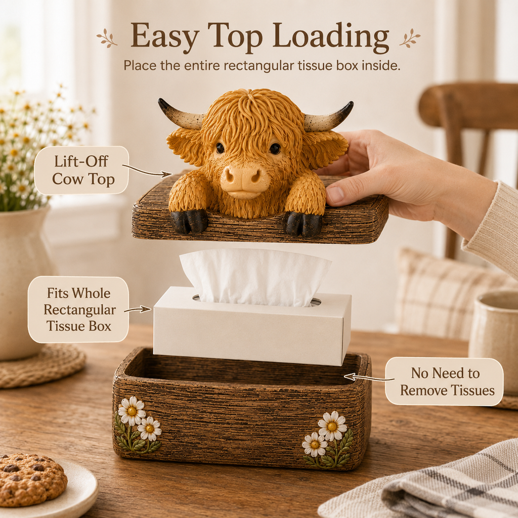 Adorable Highland Cow Farmhouse Collection – Salt & Pepper Holder or Tissue Box Cover