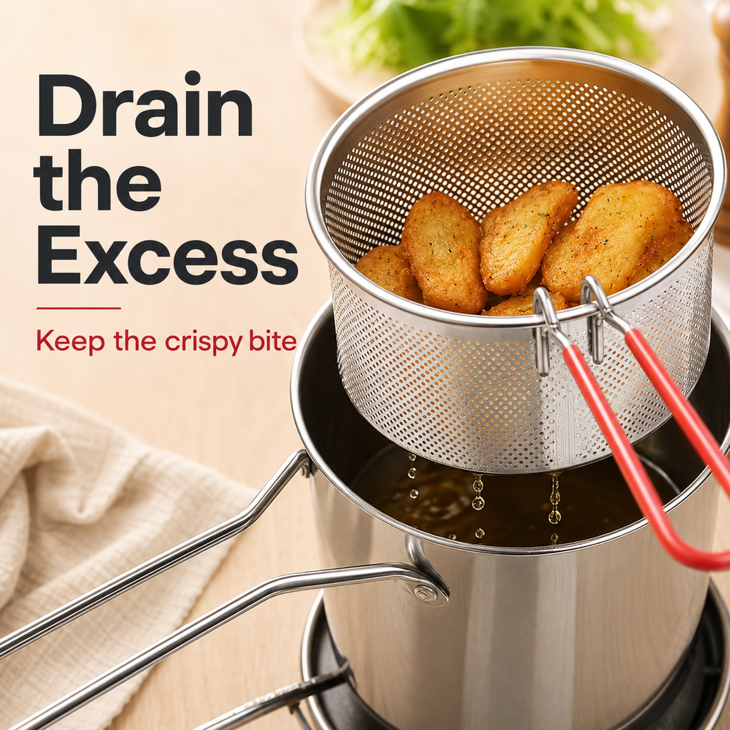 2026 Personal Mini Deep Fryer Set – Stainless Steel Pot with Lift-Out Draining Basket & Food Tongs