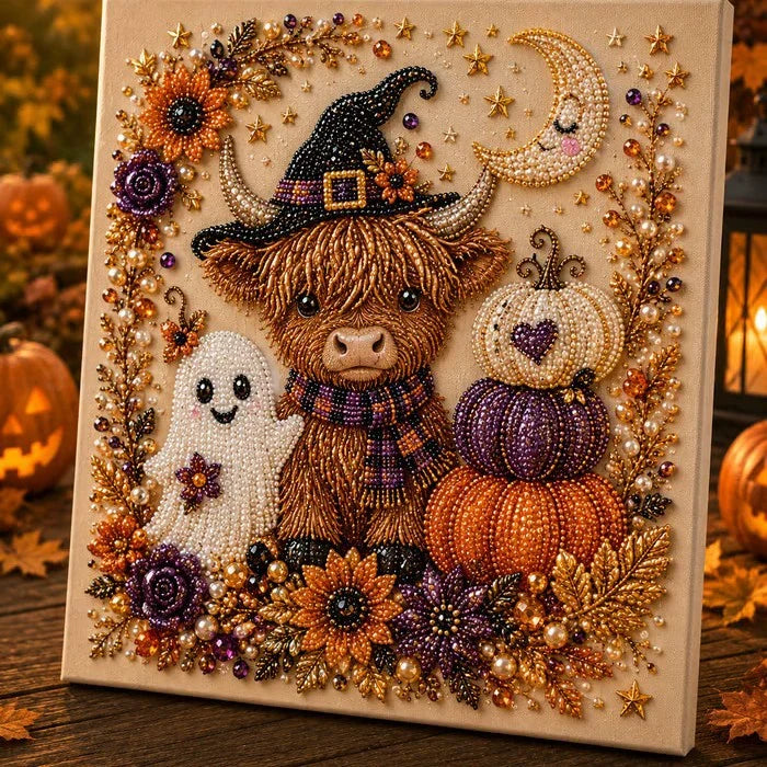 Framed Halloween Cow Witch, Ghost & Pumpkin Pearl Art DIY Kit