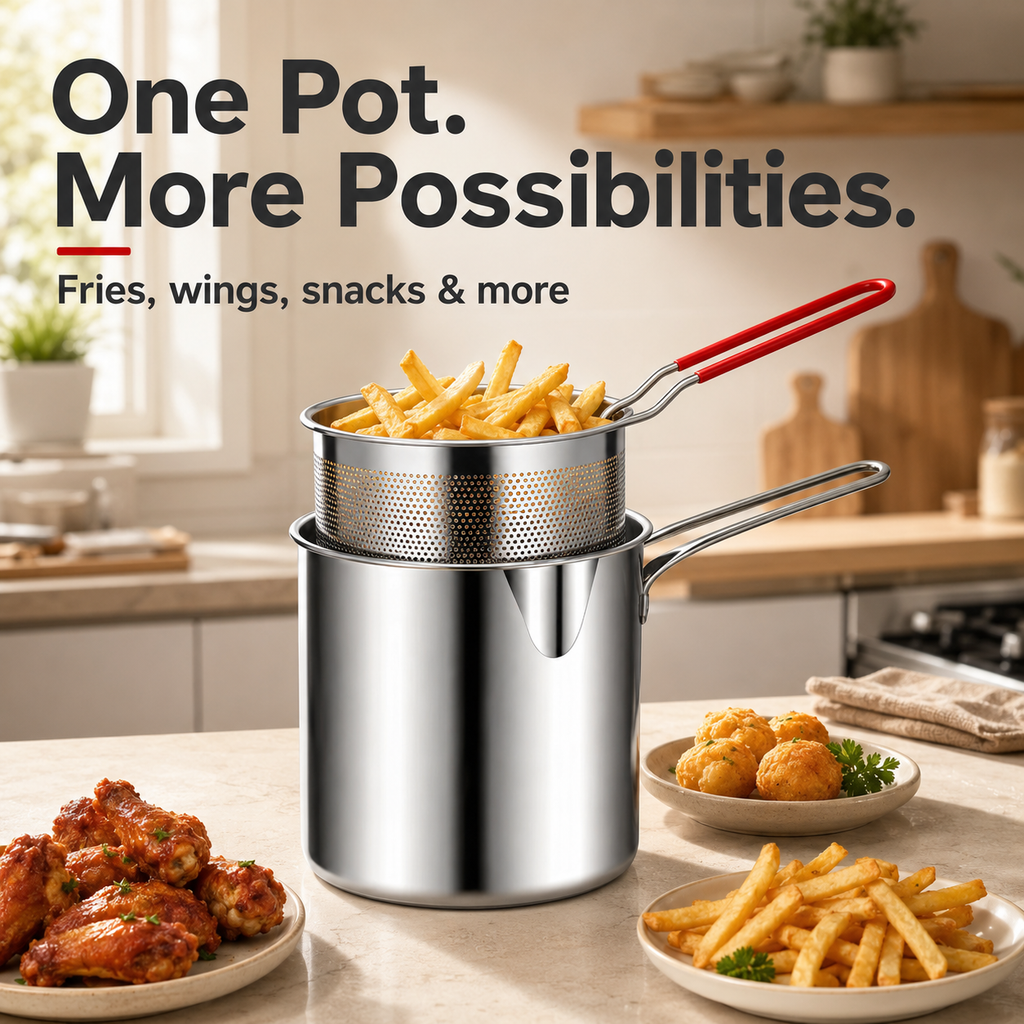 2026 Personal Mini Deep Fryer Set – Stainless Steel Pot with Lift-Out Draining Basket & Food Tongs