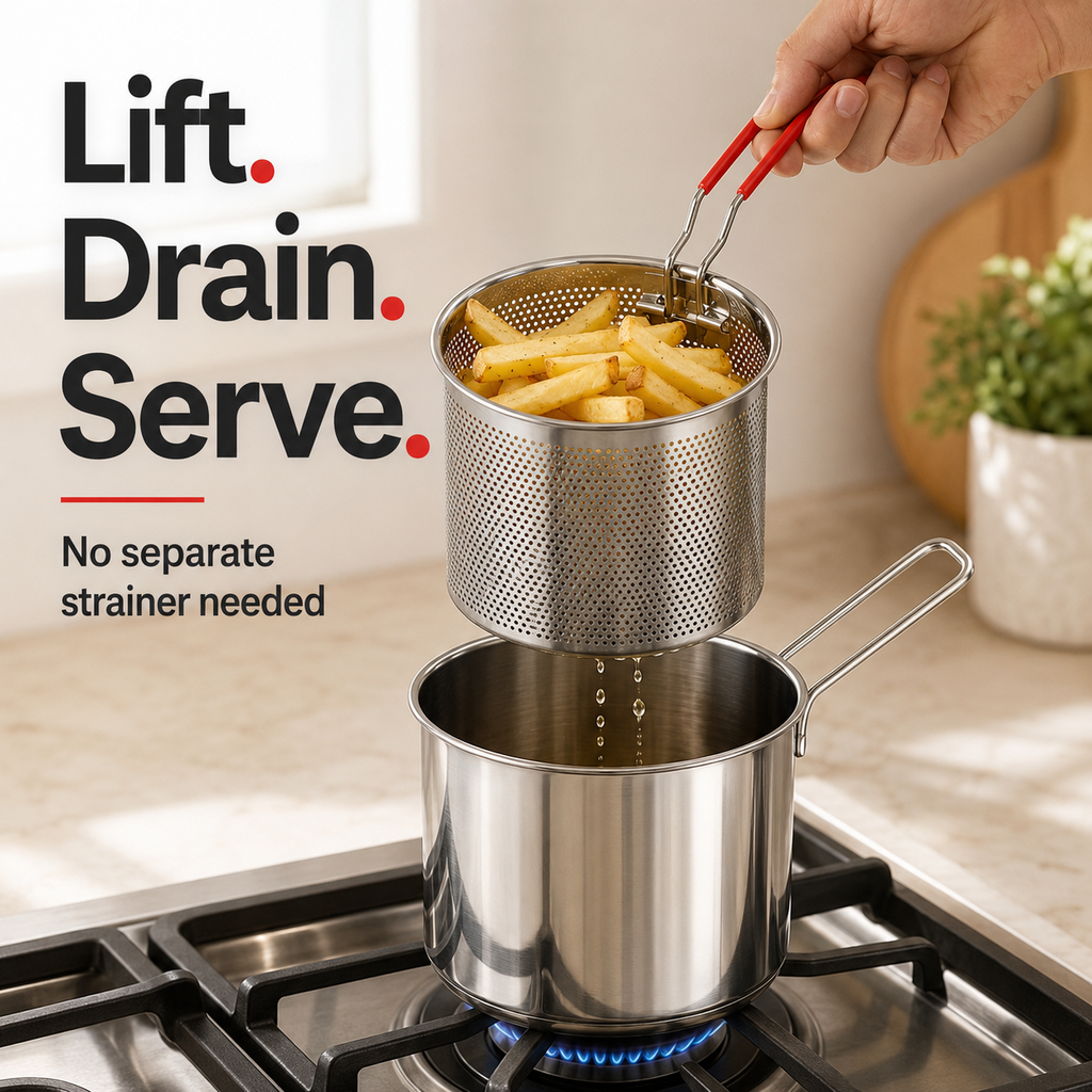 2026 Personal Mini Deep Fryer Set – Stainless Steel Pot with Lift-Out Draining Basket & Food Tongs