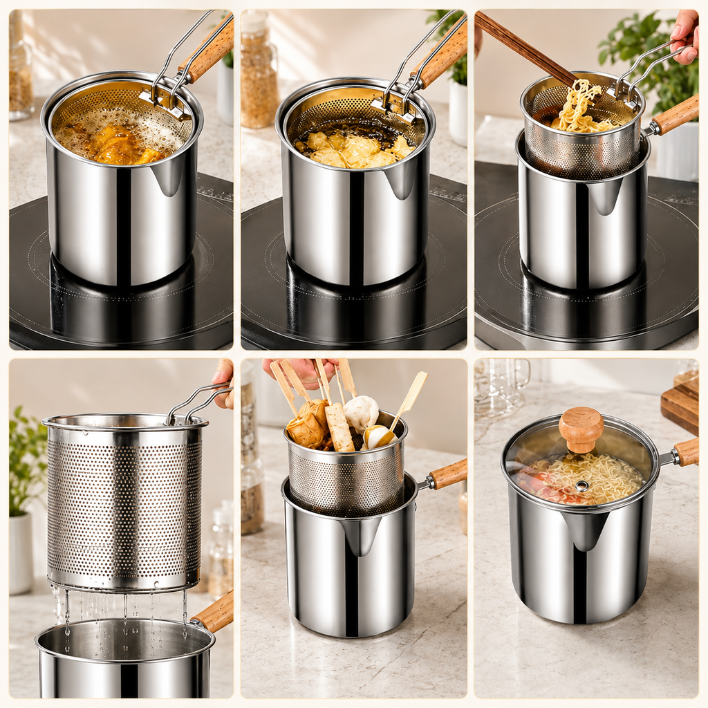 2026 Personal Mini Deep Fryer Set – Stainless Steel Pot with Lift-Out Draining Basket & Food Tongs