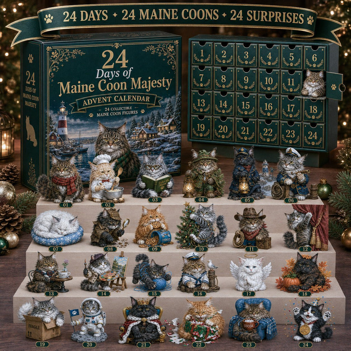 24 Days of Maine Coon Advent Calendar 2026 with 24 maine coon cat figurines