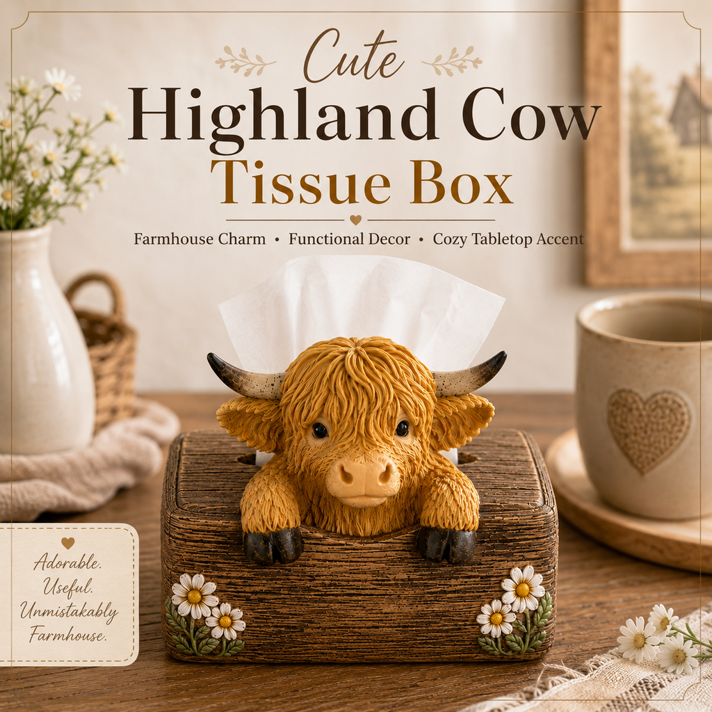 Adorable Highland Cow Farmhouse Collection – Salt & Pepper Holder or Tissue Box Cover