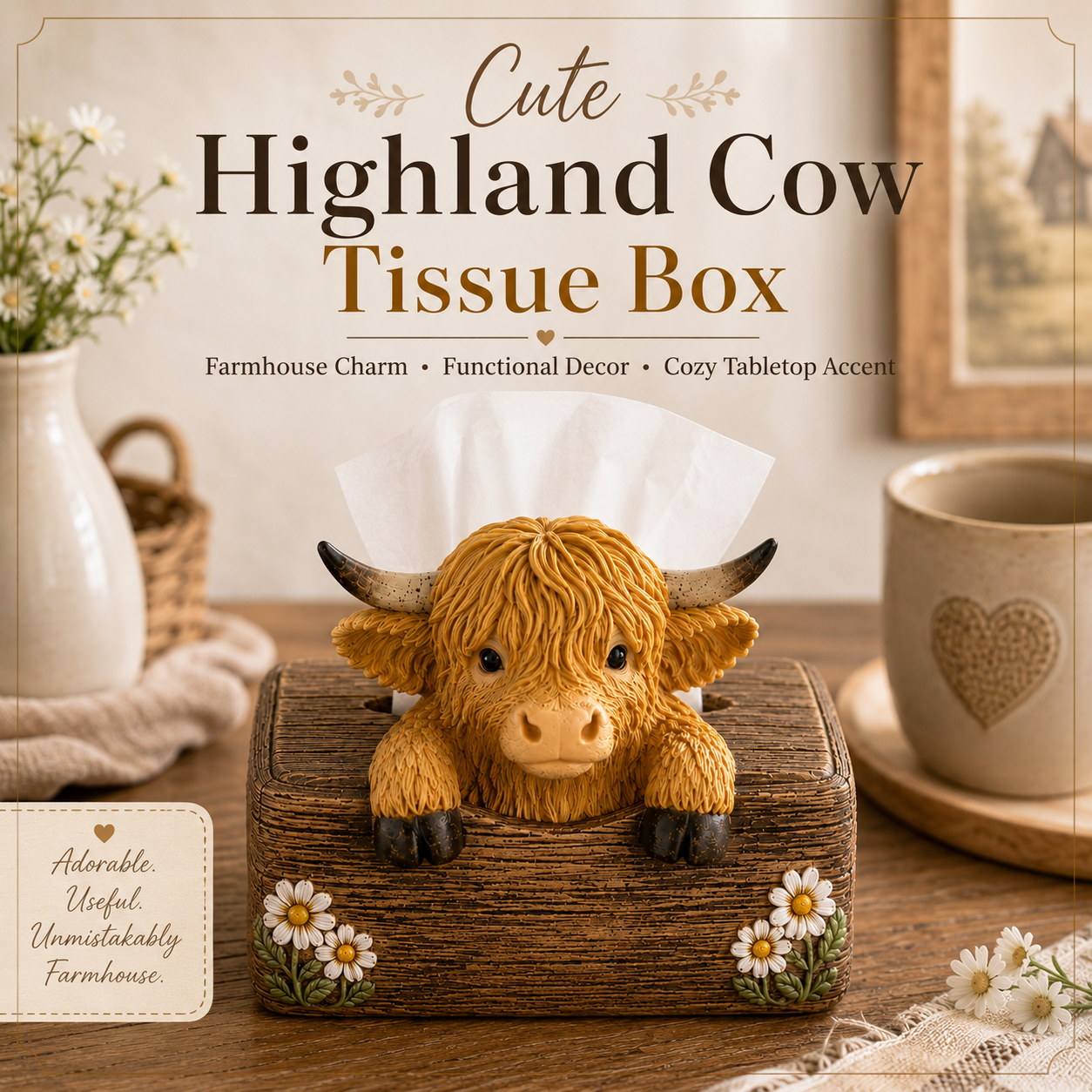 Adorable Highland Cow Farmhouse Collection – Salt & Pepper Holder or Tissue Box Cover