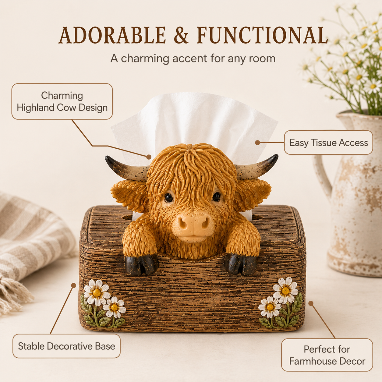 Adorable Highland Cow Farmhouse Collection – Salt & Pepper Holder or Tissue Box Cover