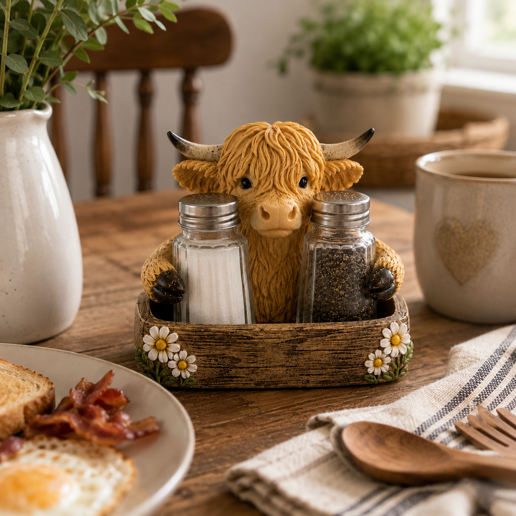 Adorable Highland Cow Farmhouse Collection – Salt & Pepper Holder or Tissue Box Cover