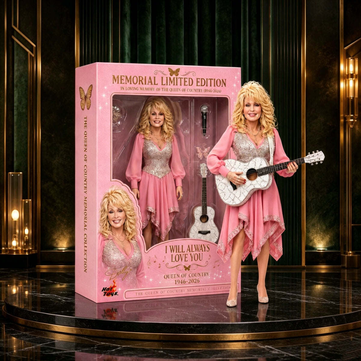 Legendary Country Music Queen Memorial Doll | Handcrafted Pink Sequin Gown & Guitar Figurine with Collector's Box