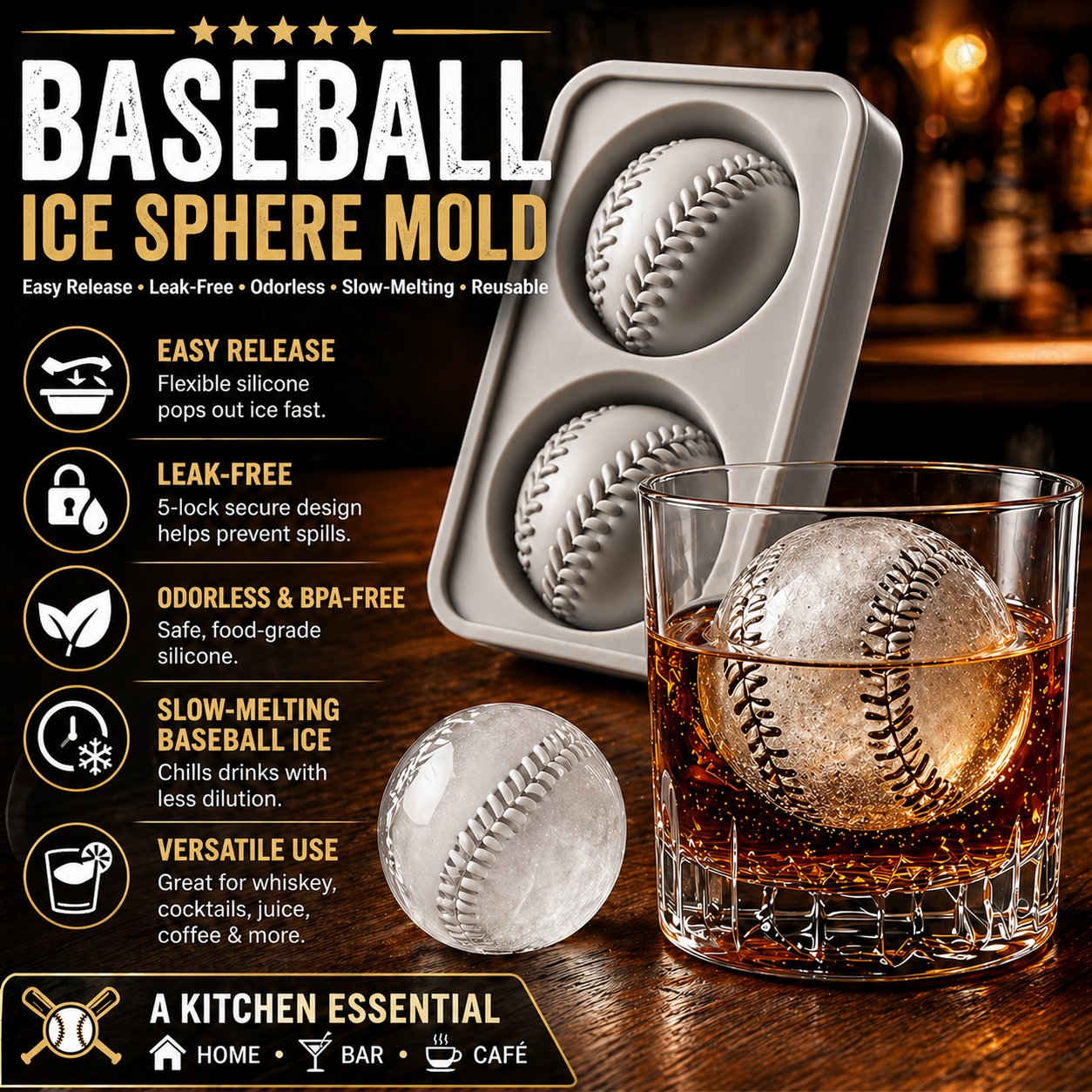 Baseball Ice Mold – Slow‑Melting Silicone Sphere Tray for Whiskey, Cocktails & More