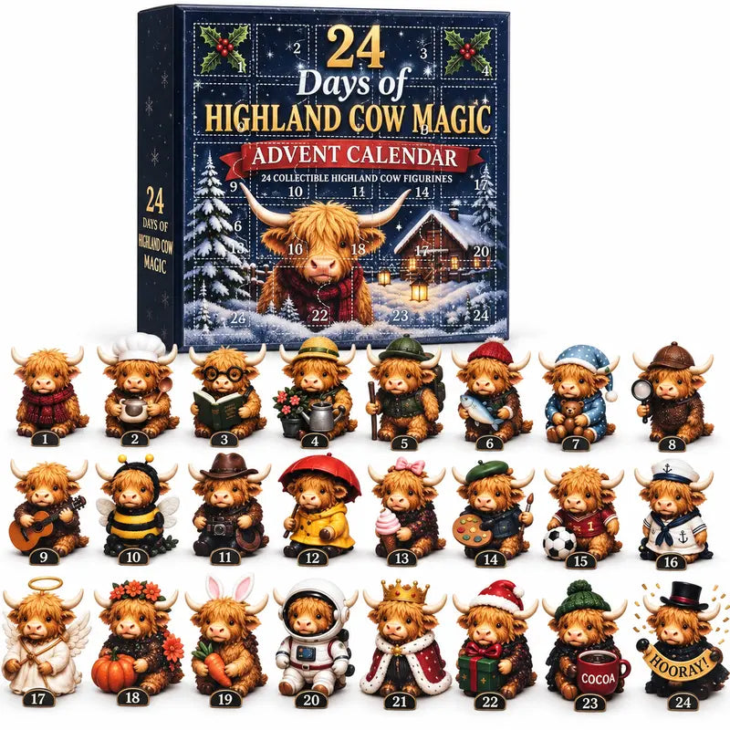 24 Days Highland Cow Advent Calendar, 24 Collectible Highland Cow Figurines Christmas Countdown Calendar, Cute Holiday Desk Decor, Seasonal Gift Set for Christmas