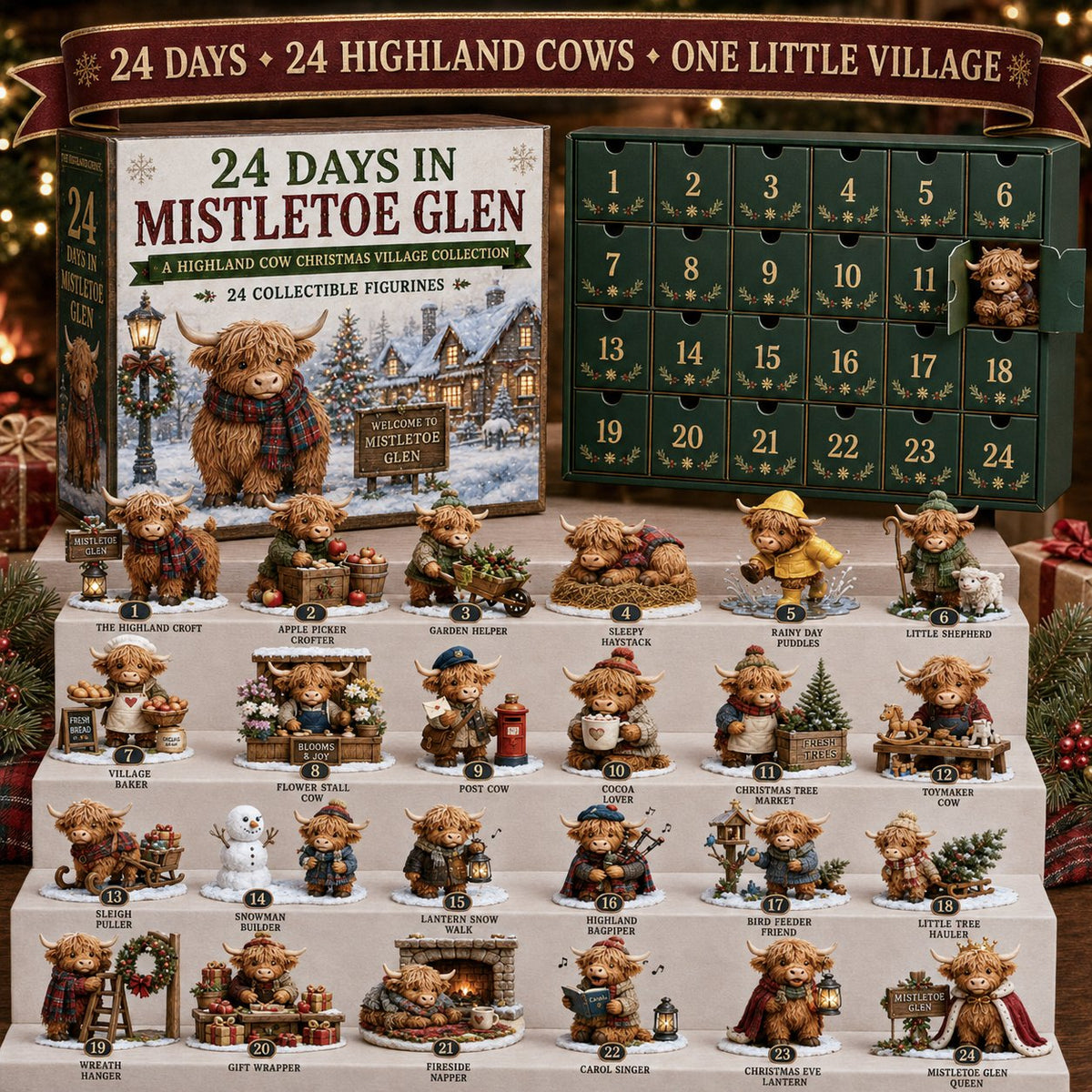 24 Days of Highland Cow Advent Calendar 2026 with 24 highland cow figurines