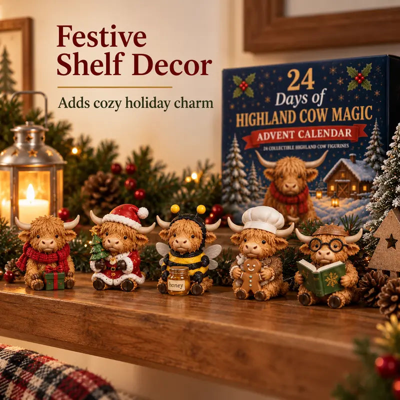 24 Days Highland Cow Advent Calendar, 24 Collectible Highland Cow Figurines Christmas Countdown Calendar, Cute Holiday Desk Decor, Seasonal Gift Set for Christmas
