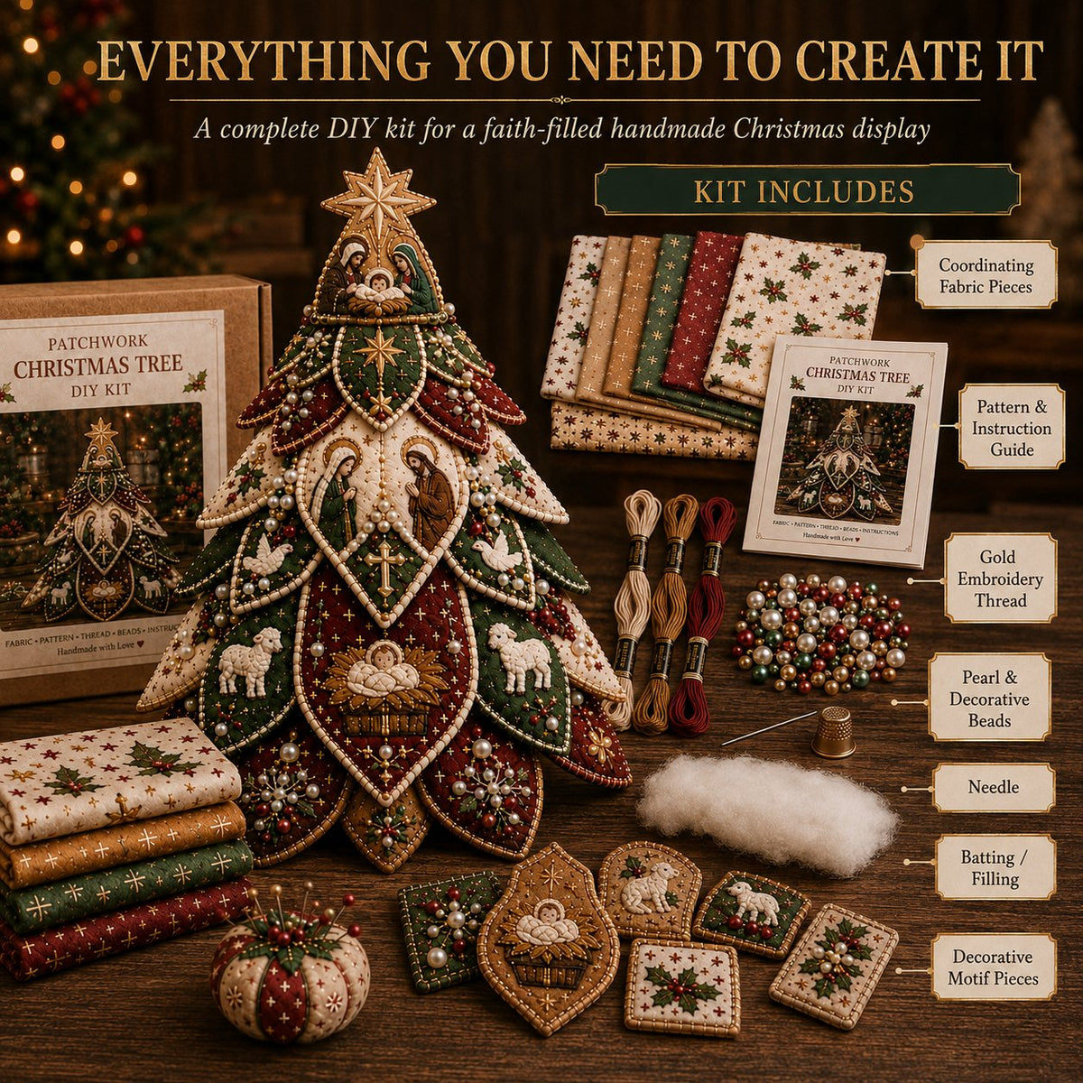 Beginner-Friendly Tree of Faith 3D Quilted Christmas Tree Sewing Kit | Complete Kit with Coordinated Fabrics, Beads & Step-by-Step Guide Included