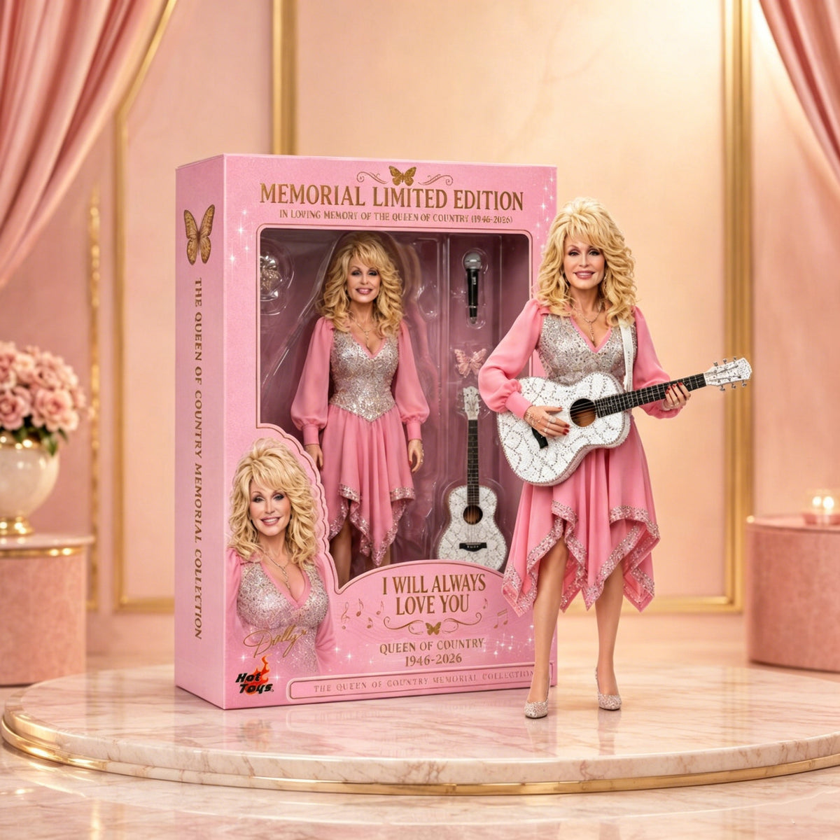 Legendary Country Music Queen Memorial Doll | Handcrafted Pink Sequin Gown & Guitar Figurine with Collector's Box