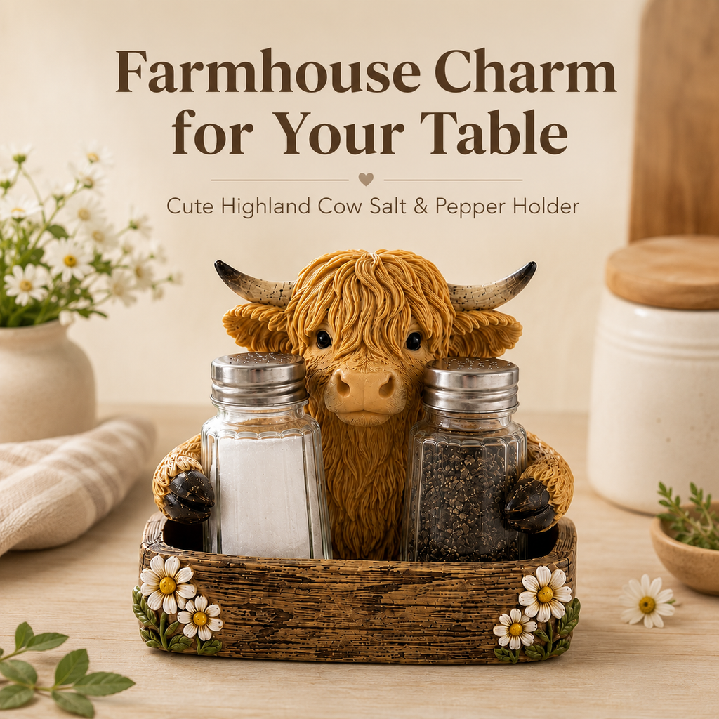 Adorable Highland Cow Farmhouse Collection – Salt & Pepper Holder or Tissue Box Cover