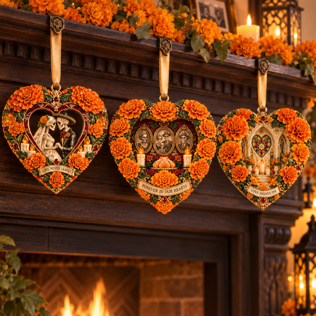 Día de Muertos Marigold Heart Ornaments –  “Forever in Our Hearts” Memorial Keepsake Collection
