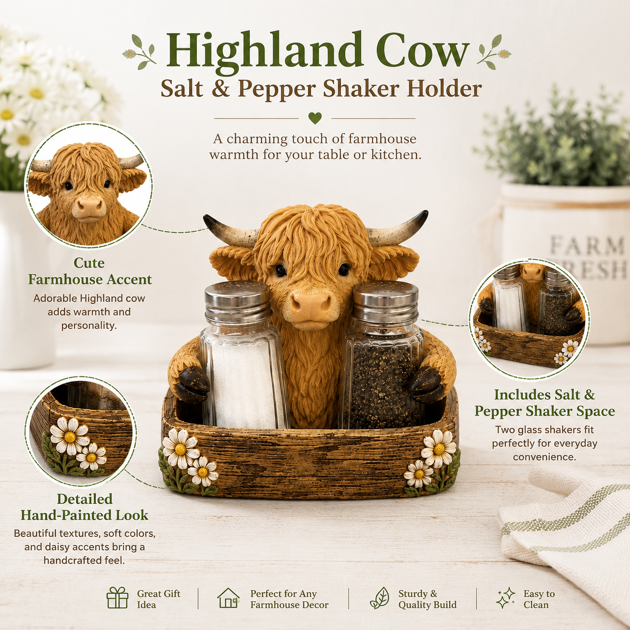 Adorable Highland Cow Farmhouse Collection – Salt & Pepper Holder or Tissue Box Cover