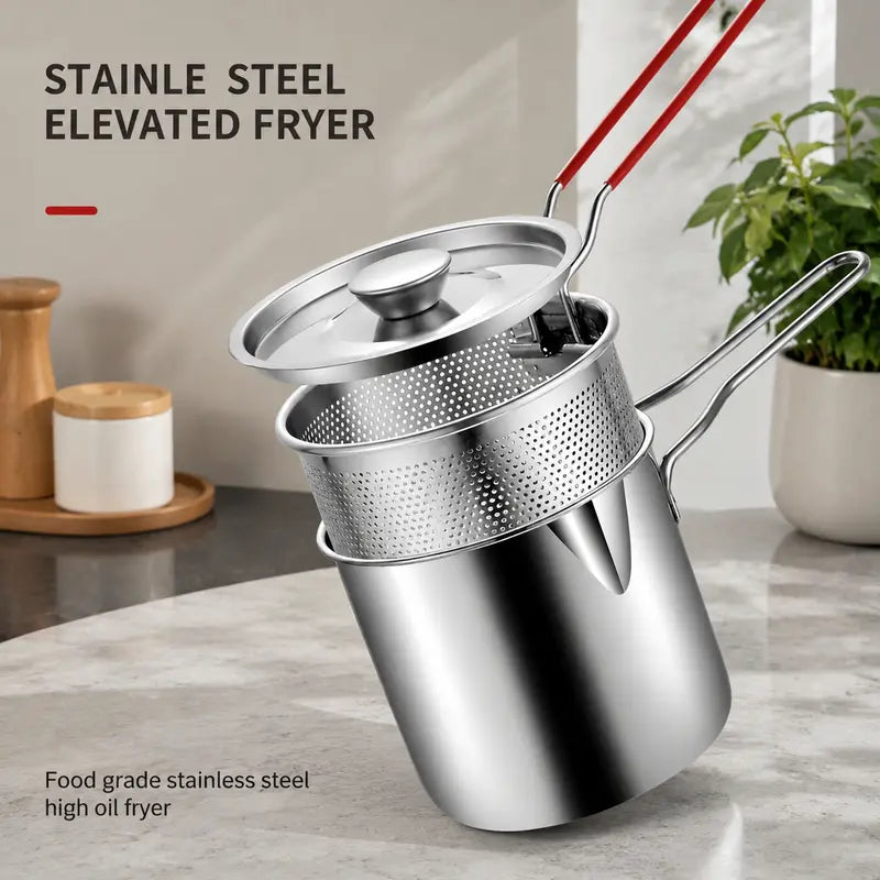 2026 Personal Mini Deep Fryer Set – Stainless Steel Pot with Lift-Out Draining Basket & Food Tongs