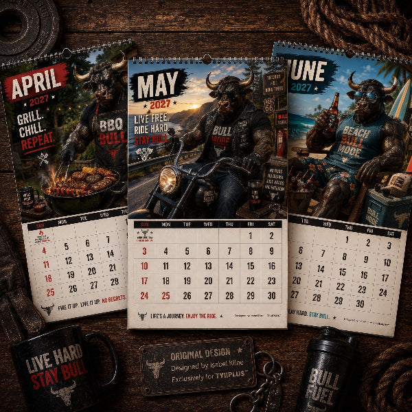 Bull Mode 2027 A4 Funny Men's Desk Calendar – 12 Rugged Bull Lifestyle Designs | TYIIPLUS