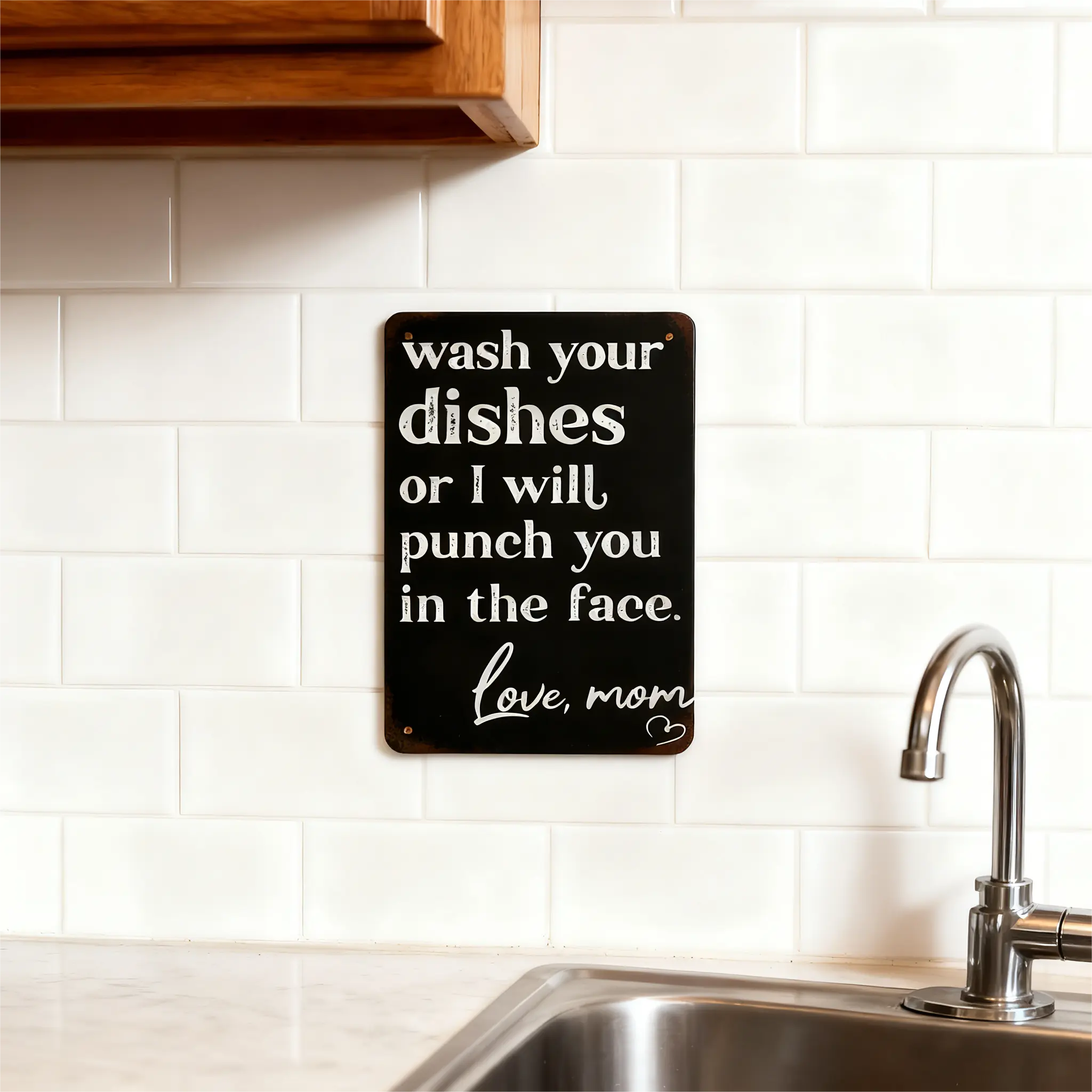 Funny "Wash Your Dishes or I'll Punch You in the Face" Metal Tin Sign, 8 × 12 in