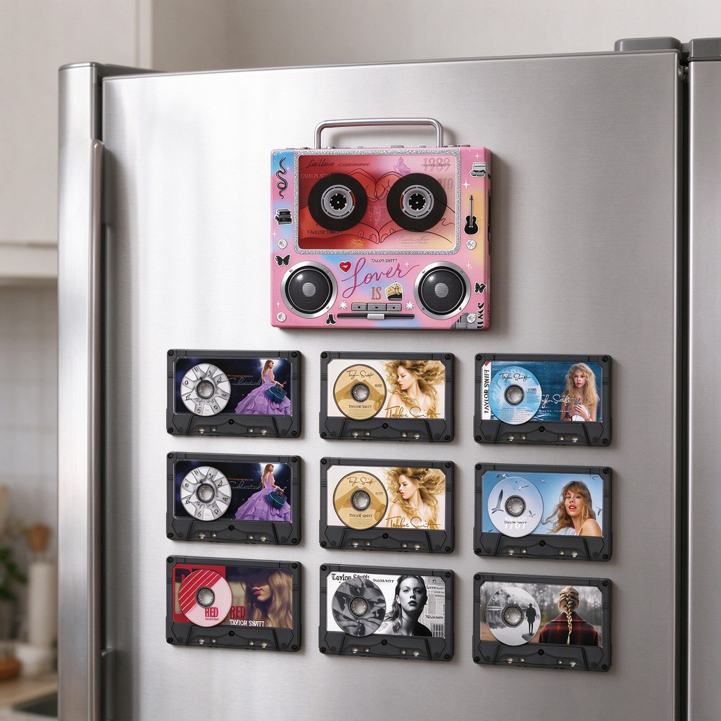 Retro Boombox Fridge Magnet Set | 9 Album Tape Magnets Collection