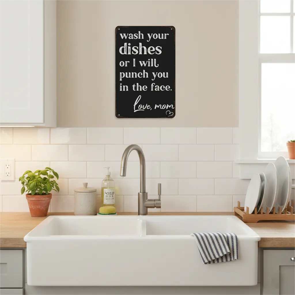 Funny "Wash Your Dishes or I'll Punch You in the Face" Metal Tin Sign, 8 × 12 in