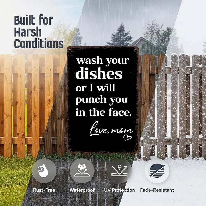 Funny "Wash Your Dishes or I'll Punch You in the Face" Metal Tin Sign, 8 × 12 in