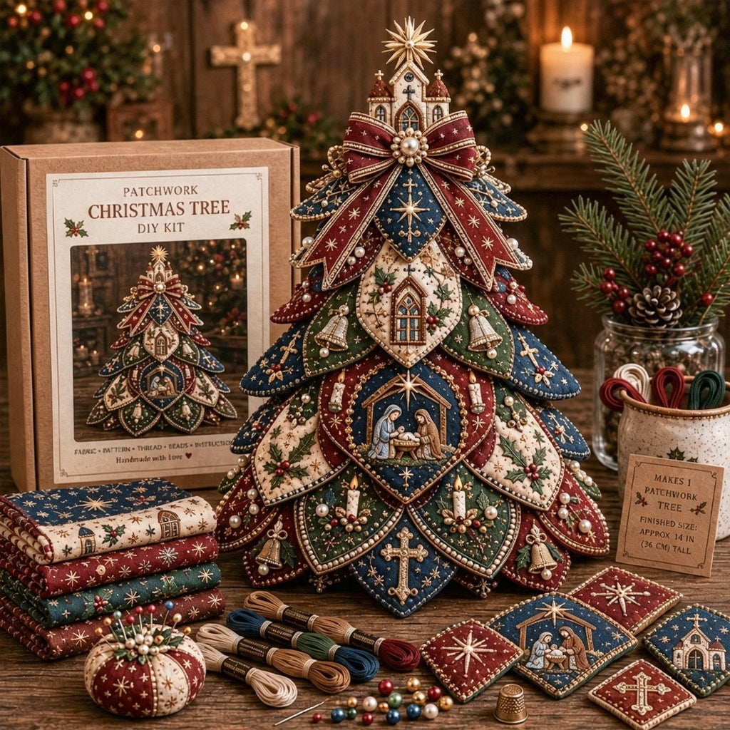 Beginner-Friendly Tree of Faith 3D Quilted Christmas Tree Sewing Kit | Complete Kit with Coordinated Fabrics, Beads & Step-by-Step Guide Included