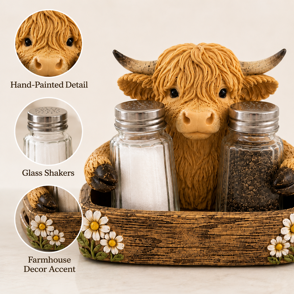 Adorable Highland Cow Farmhouse Collection – Salt & Pepper Holder or Tissue Box Cover