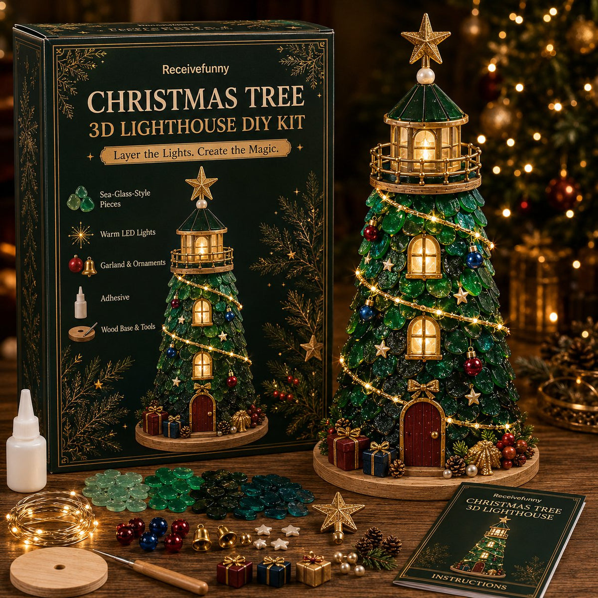 Beginner-Friendly DIY Lighted Christmas Character Sea Glass-Style Lighthouse Kit Collection | Complete Kit with Sea Glass-Style Pieces, LED Lights & Step-by-Step Guide Included