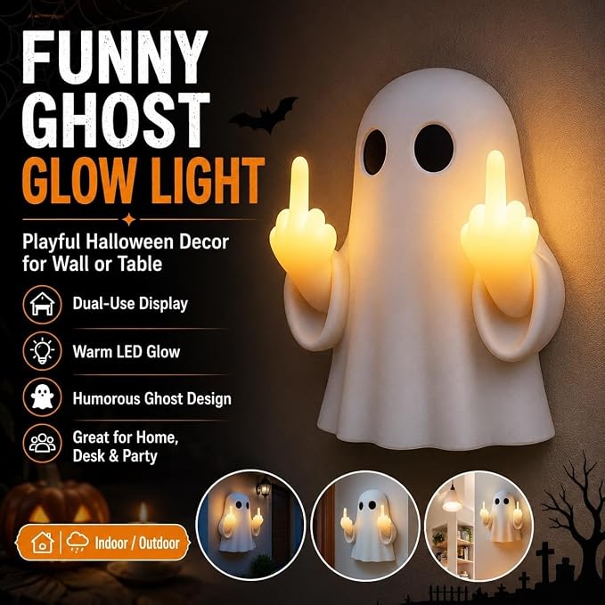 2026 Halloween Funny Middle Finger Ghost LED Light, Glowing Ghost Figurine, Novelty Halloween Decor for Home, Room, Party & Tabletop